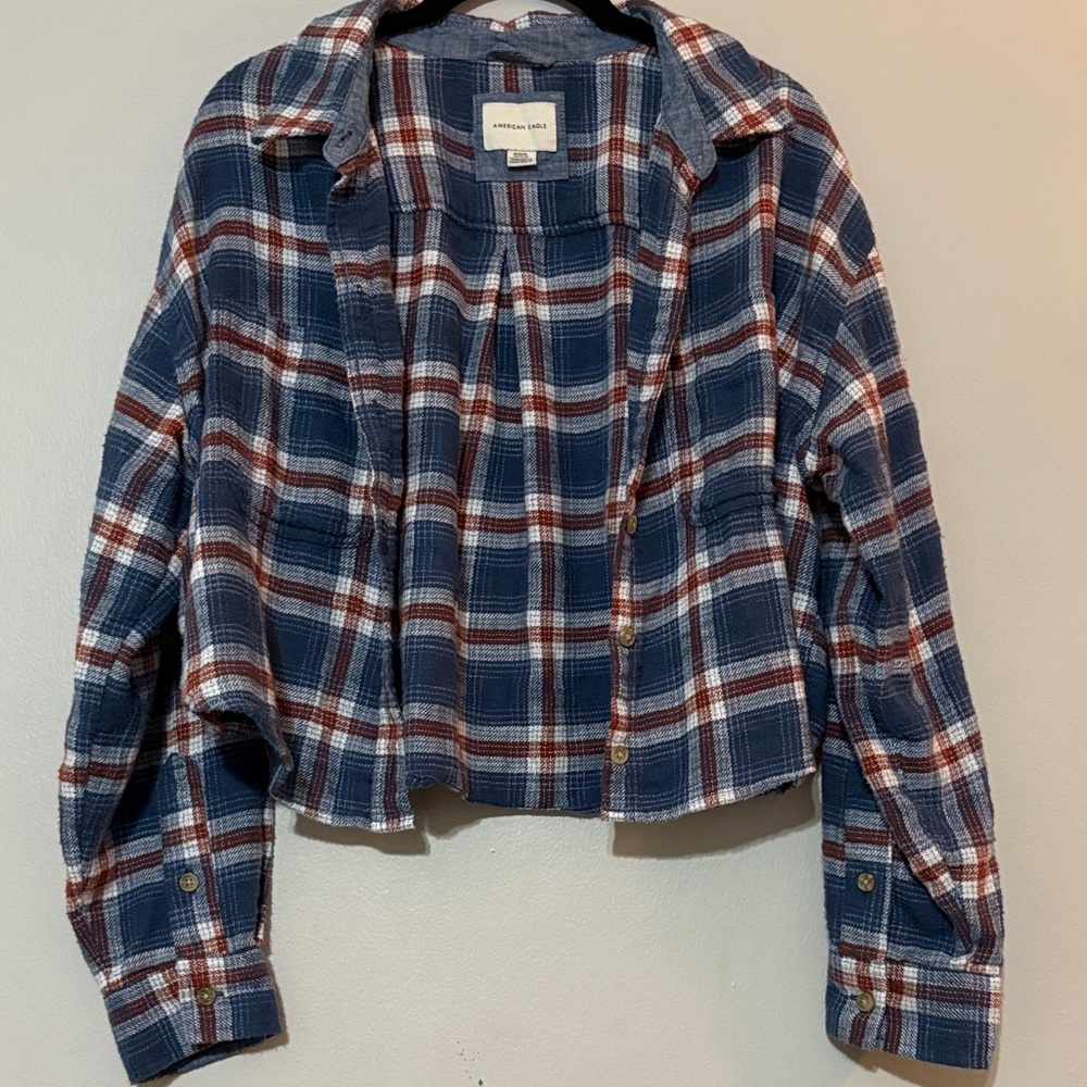 American Eagle Outfitters Blue and Brown Plaid Flannel Cropped Shirt